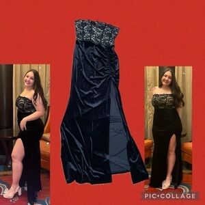 Windsor women’s size Large dress black nude lace velvet gown party maxi slit
